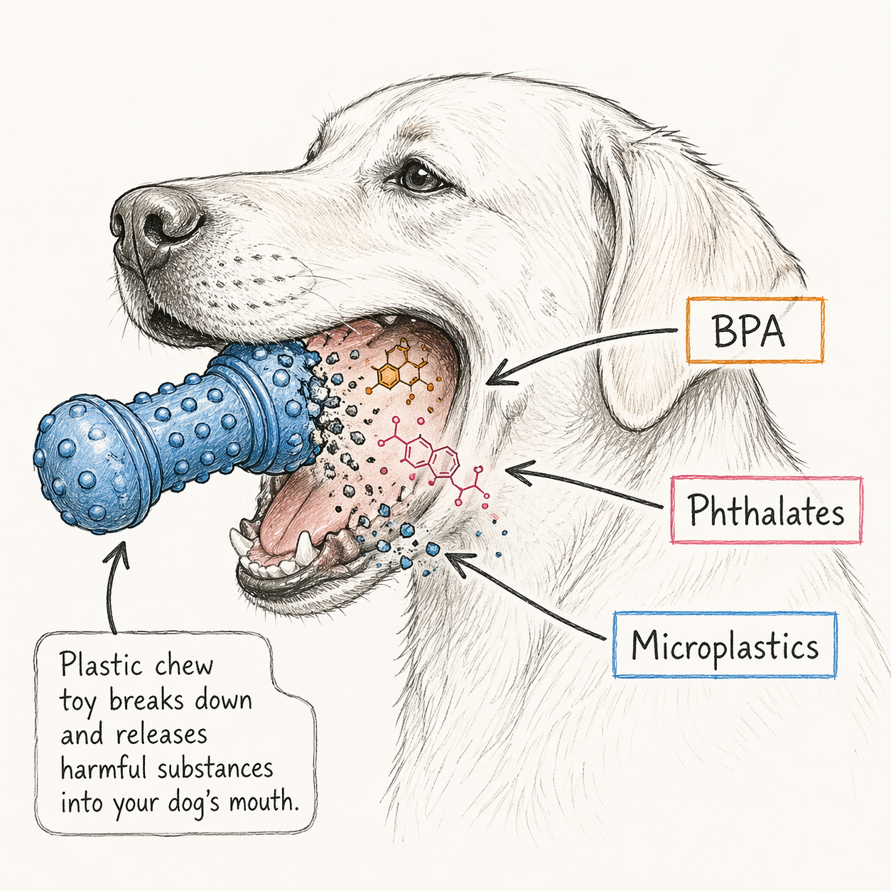 illustration of a dog chewing a plastic toy